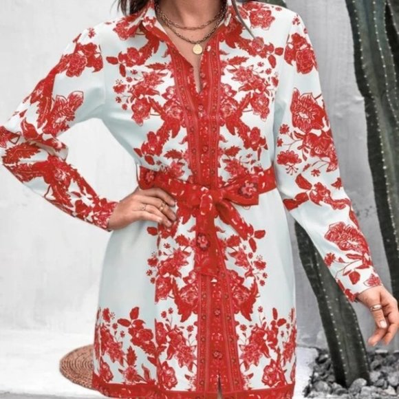 Boho Belted Floral Print shirt Mini Dress -red - Picture 3 of 5